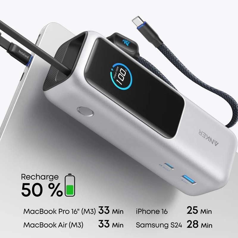 Anker Zolo Power Bank (25K, 165W, Built-In and Retractable Cables) A1695